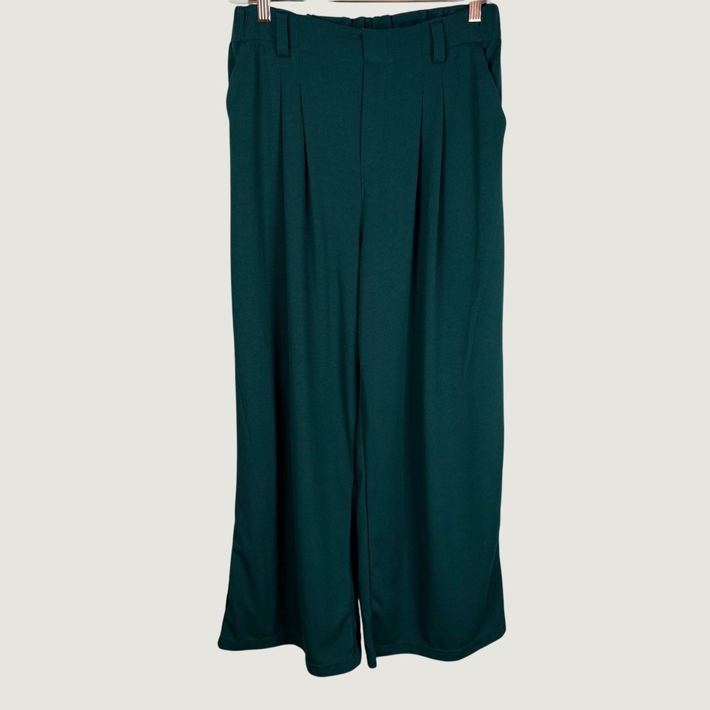 Halara M Green Textured High Waisted Wide Leg Pleated Trousers Office 27.5"